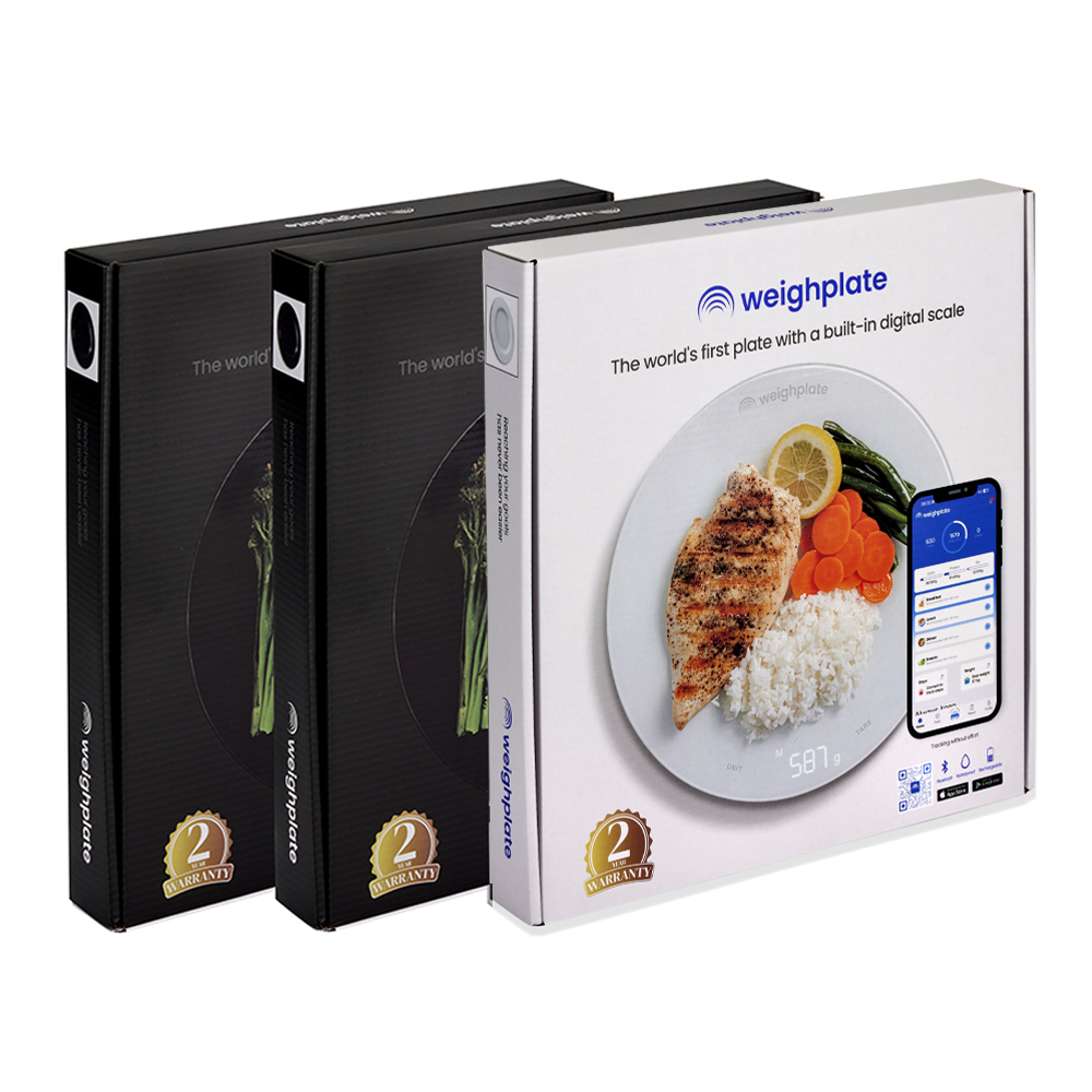 Weighplate smart plates mixed set with two black and one white for automatic calorie and macro tracking