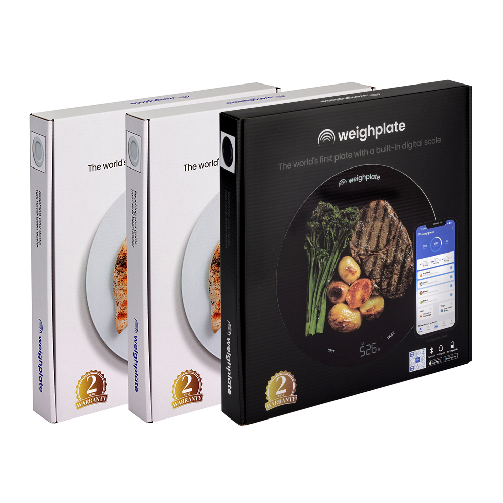 Weighplate smart plates mixed set with two white and one black for automatic calorie and macro tracking