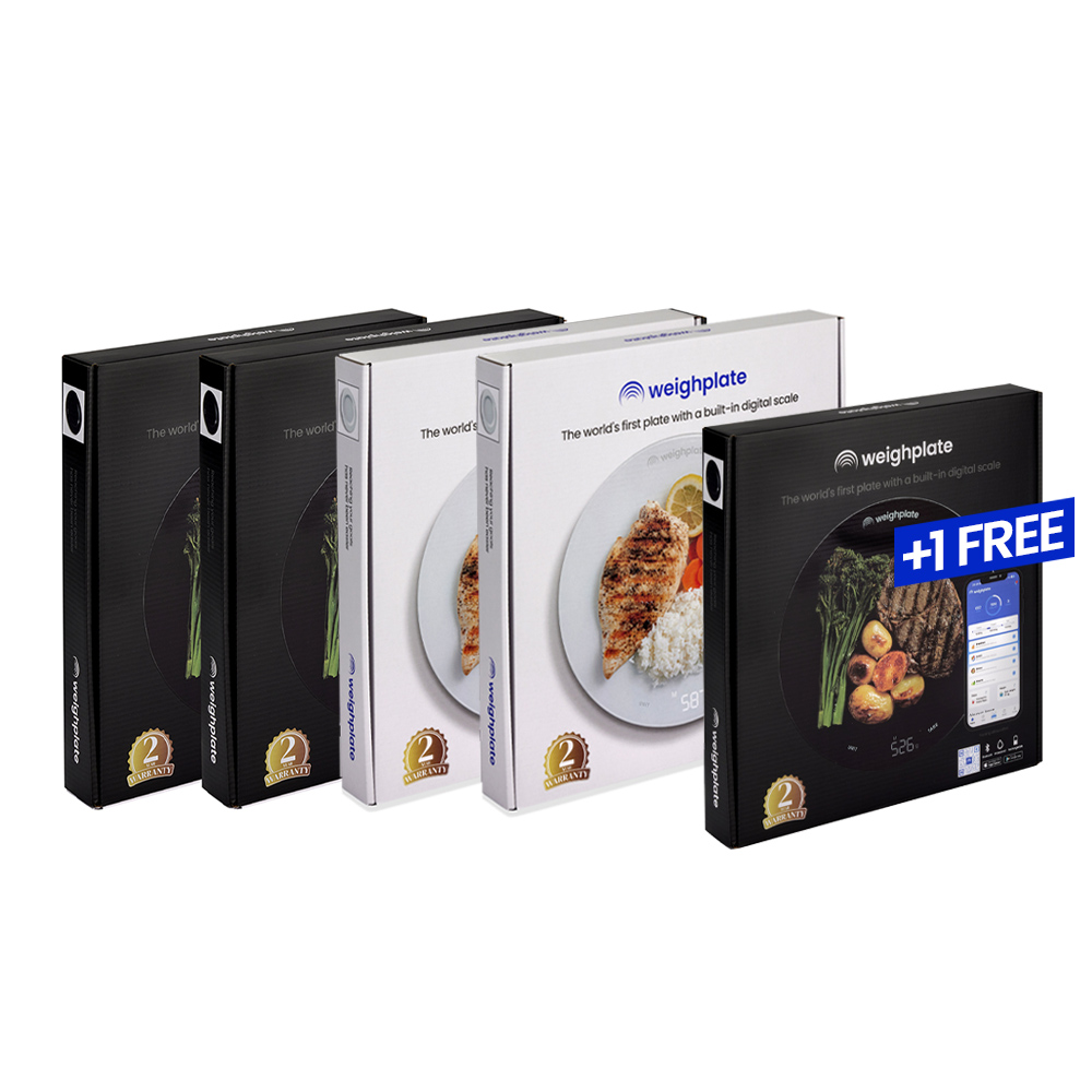Weighplate 4 plate bundle with 1 free smart plate showing real-time calorie tracking app