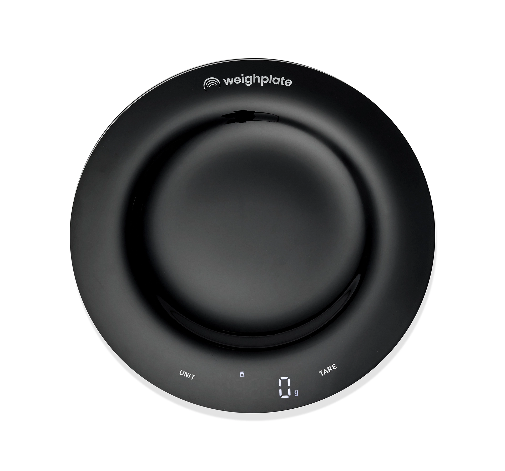 Black smart plate with built in digital scale for tracking food and calories