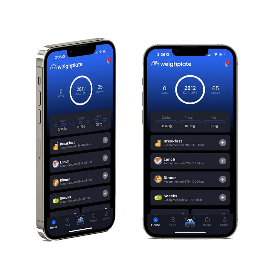 Weighplate app showing calories and macros on two phones