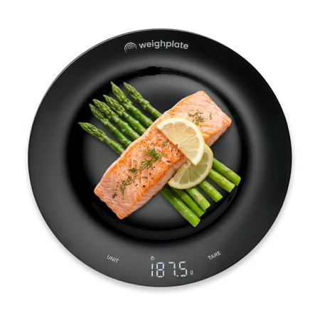 Salmon meal on black Weighplate smart plate